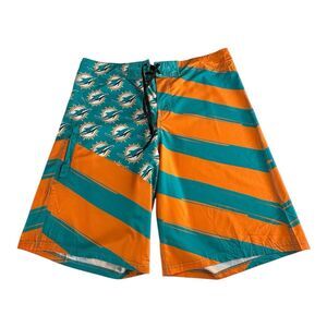Miami Dolphins NFL Mens 38 Drawstring Diagonal Flag Board Shorts Green Orange‎